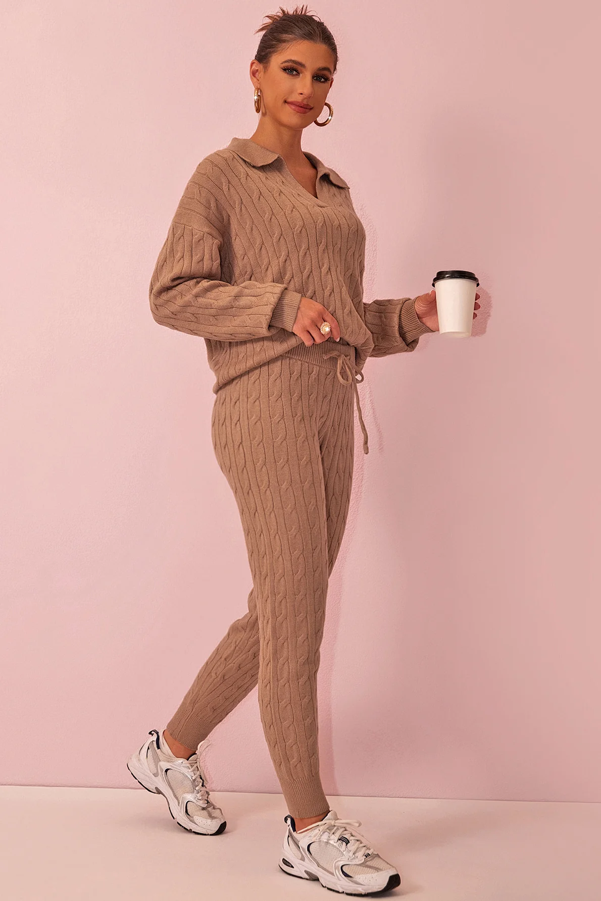 KATCH ME V Neck Cable-Knit Sweater & Drawstring Waist Pants Co-ord Set - Image 2