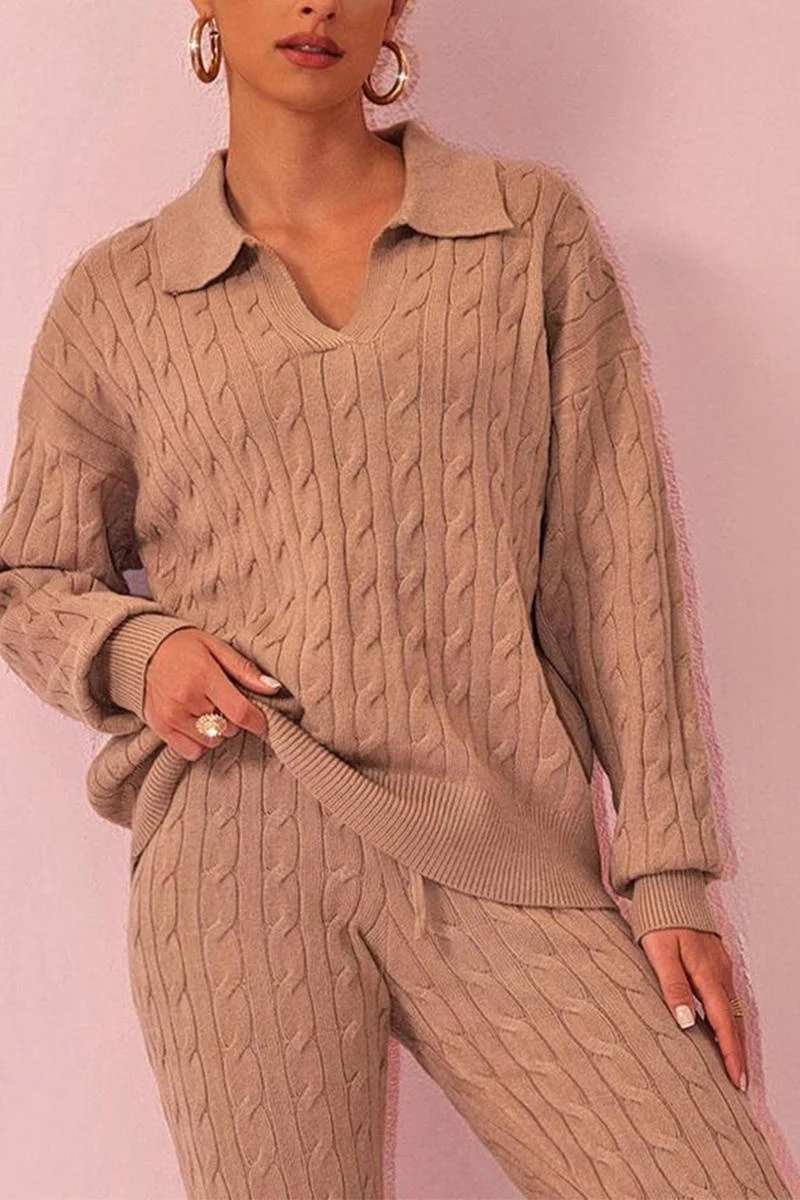 KATCH ME V Neck Cable-Knit Sweater & Drawstring Waist Pants Co-ord Set - Image 4
