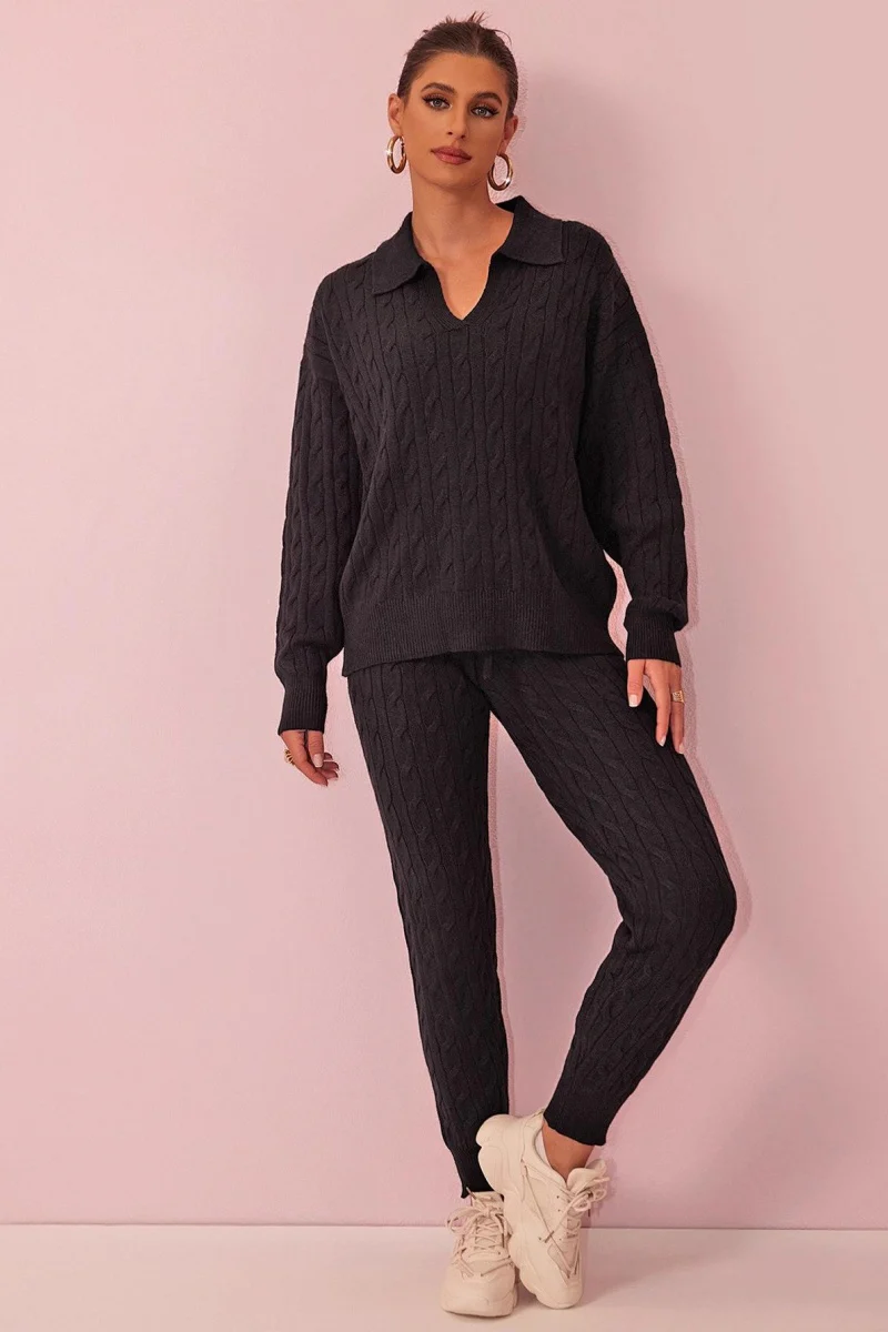KATCH ME V Neck Cable-Knit Sweater & Drawstring Waist Pants Co-ord Set - Image 5
