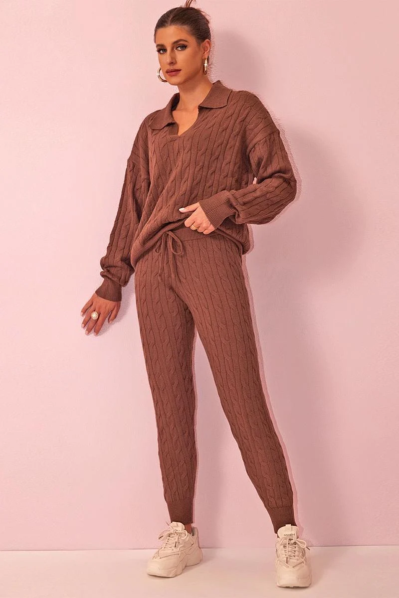 KATCH ME V Neck Cable-Knit Sweater & Drawstring Waist Pants Co-ord Set - Image 6