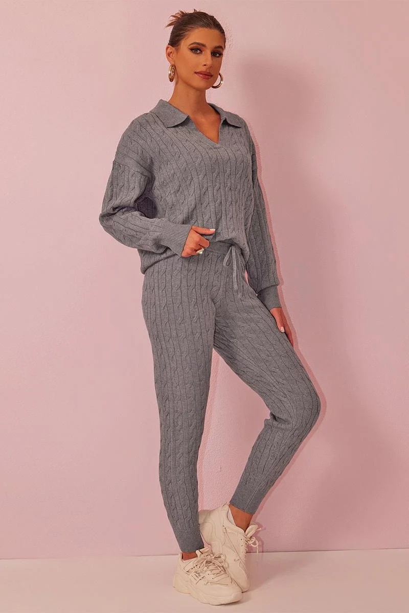 KATCH ME V Neck Cable-Knit Sweater & Drawstring Waist Pants Co-ord Set - Image 9