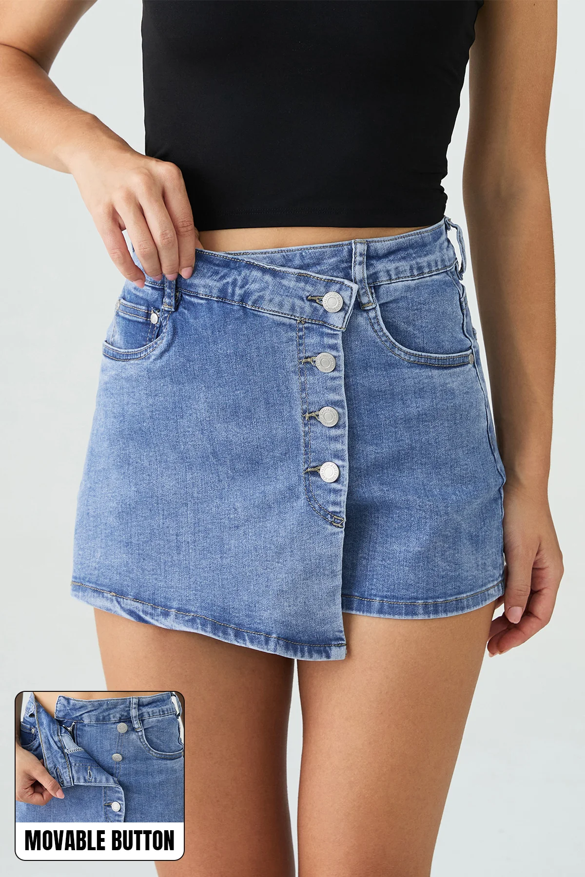 KATCH ME Mid-Rise Asymmetric Button Denim Skorts - Image 2