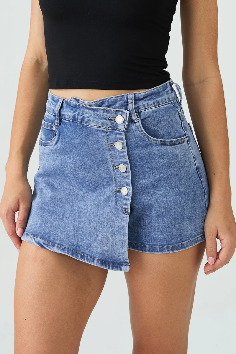 KATCH ME Mid-Rise Asymmetric Button Denim Skorts - Image 3