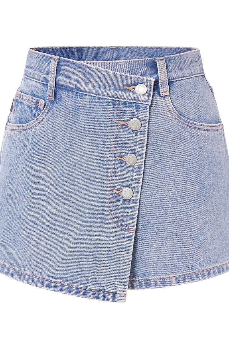 KATCH ME Mid-Rise Asymmetric Button Denim Skorts - Image 8