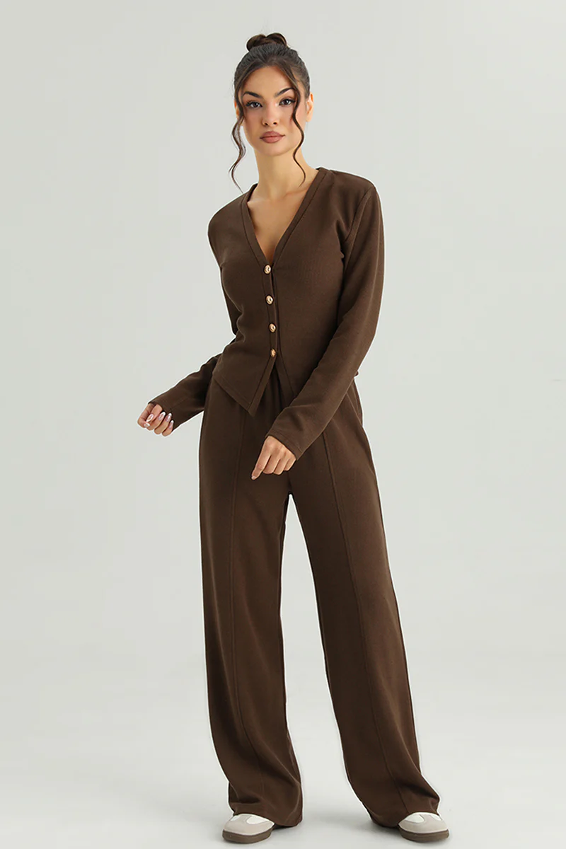KATCH ME V-Neck Button Tailored Top & High Waist Wide Leg Trousers Co-ord Set