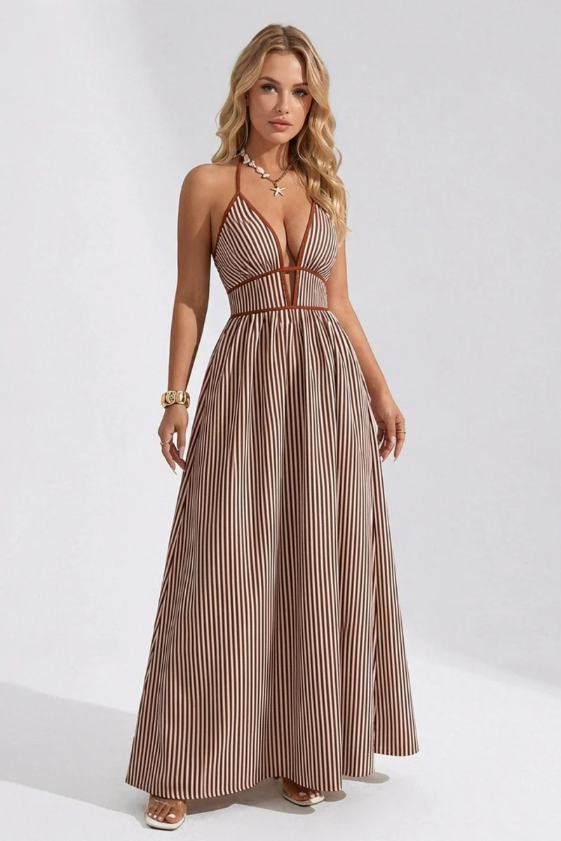 KATCH ME Lightweight Comfort Pinstripe Deep V Halter Maxi Dress