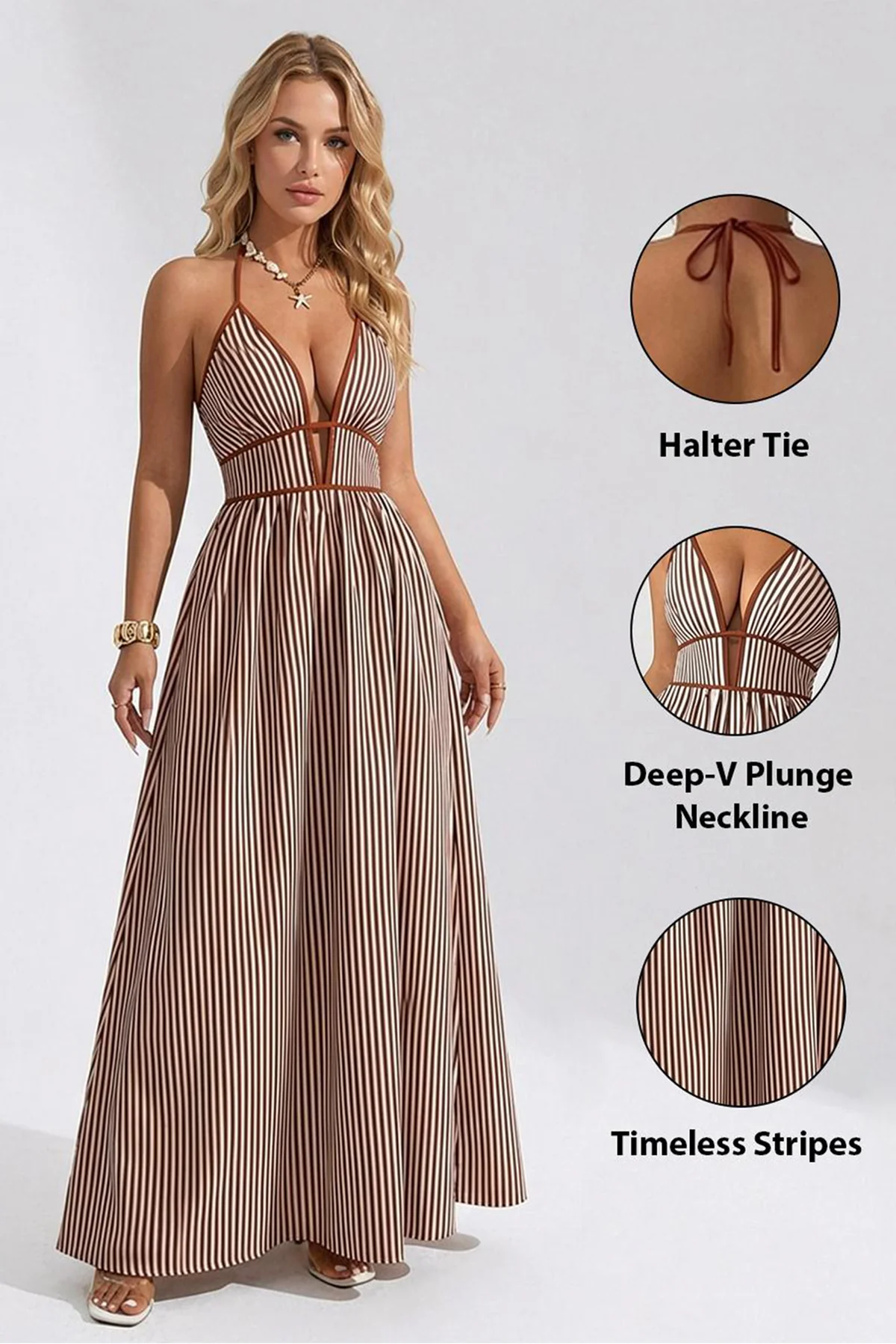 KATCH ME Lightweight Comfort Pinstripe Deep V Halter Maxi Dress - Image 2
