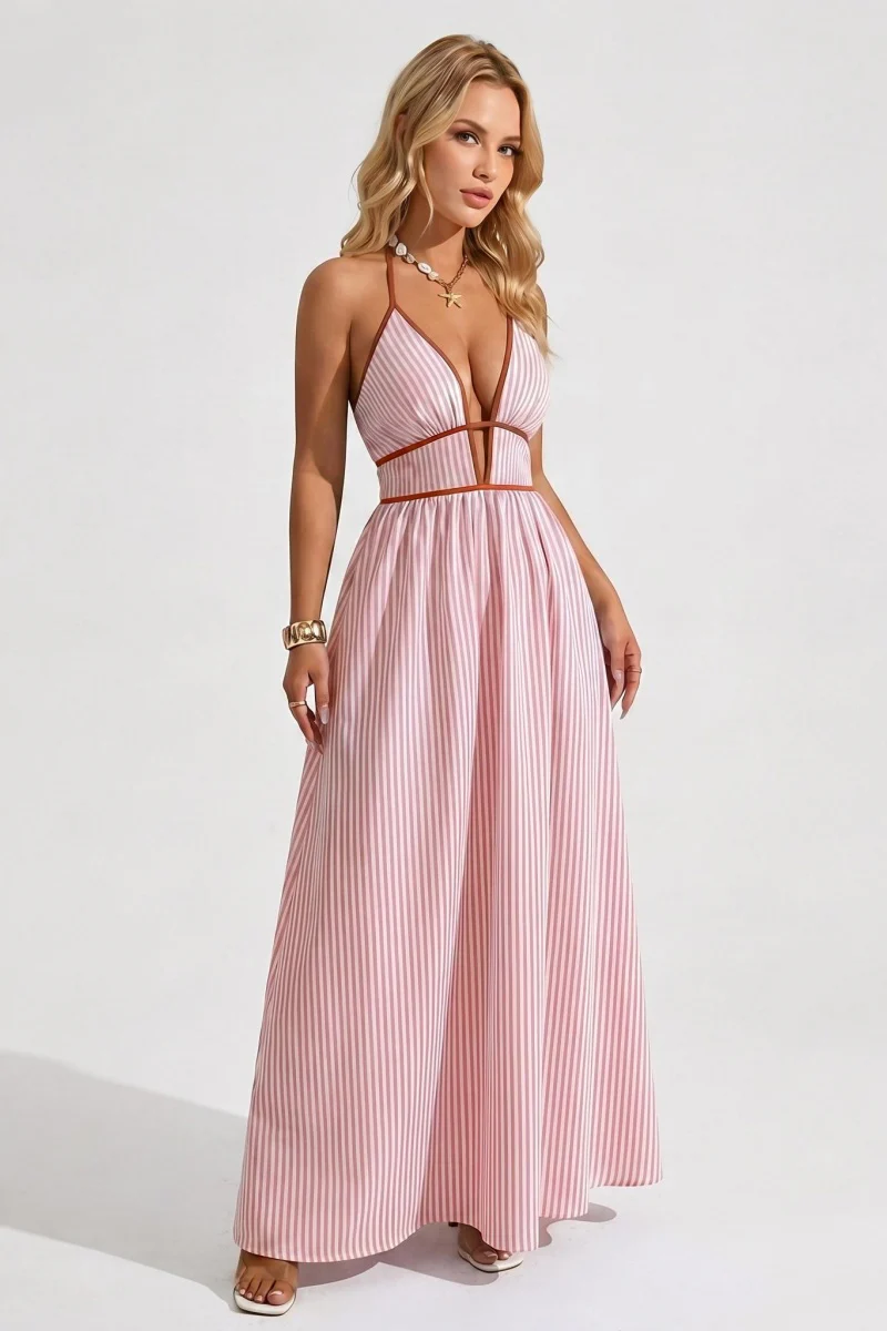 KATCH ME Lightweight Comfort Pinstripe Deep V Halter Maxi Dress - Image 3