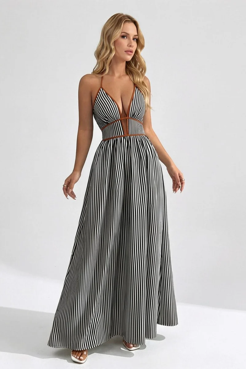 KATCH ME Lightweight Comfort Pinstripe Deep V Halter Maxi Dress - Image 4