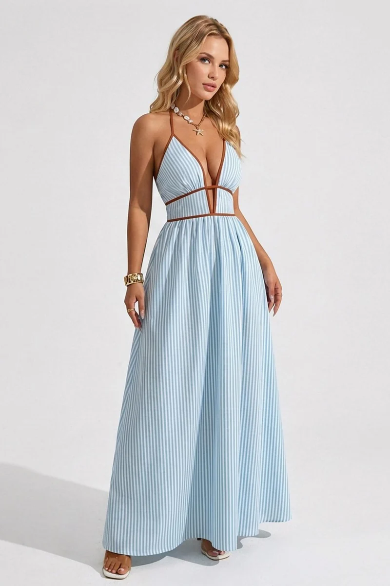 KATCH ME Lightweight Comfort Pinstripe Deep V Halter Maxi Dress - Image 5