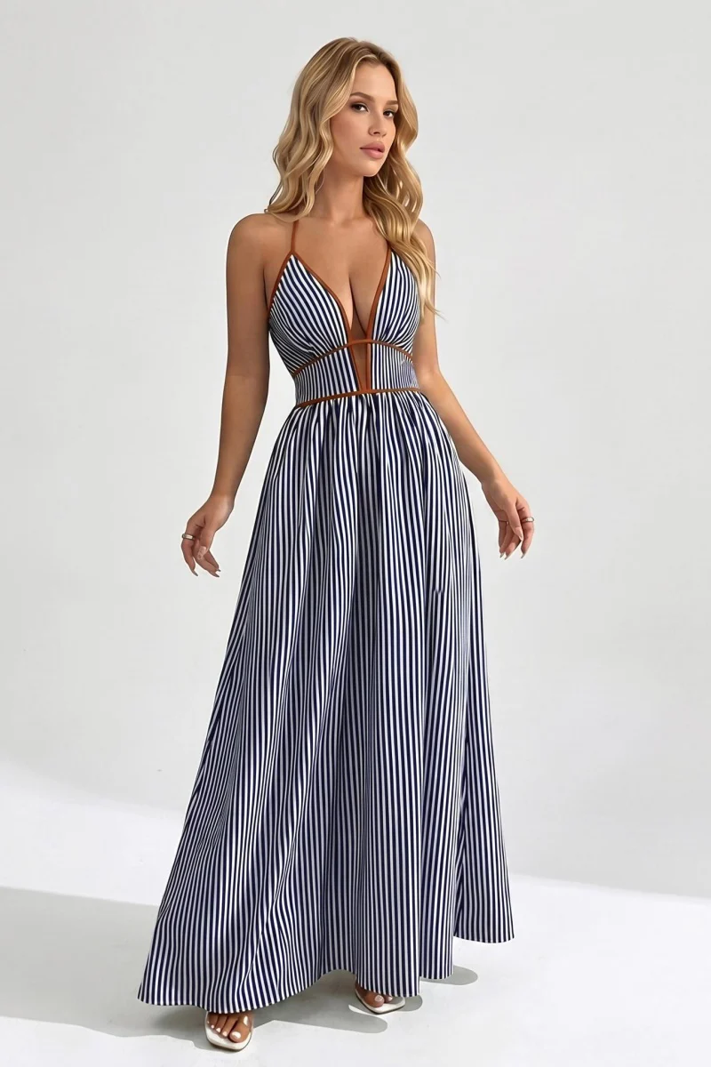 KATCH ME Lightweight Comfort Pinstripe Deep V Halter Maxi Dress - Image 6