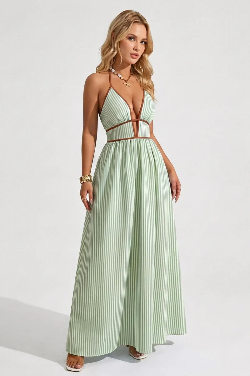 KATCH ME Lightweight Comfort Pinstripe Deep V Halter Maxi Dress - Image 7