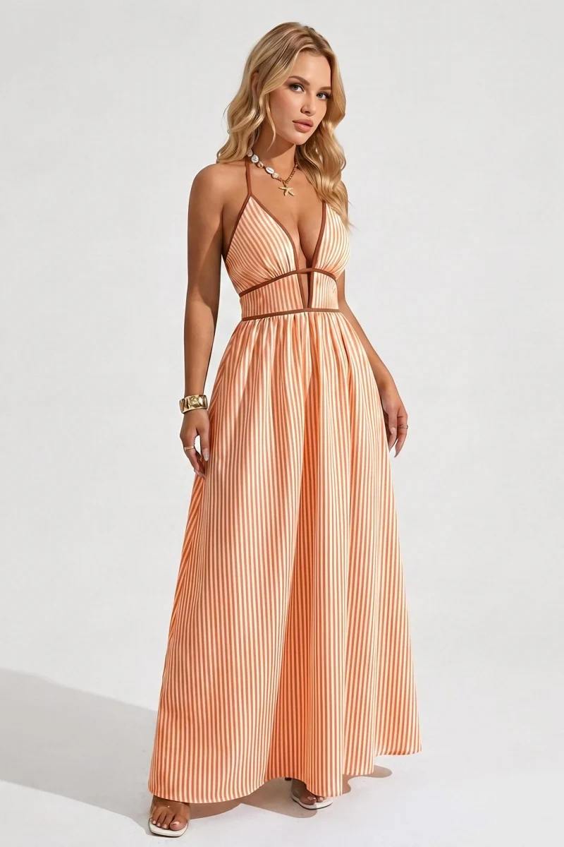 KATCH ME Lightweight Comfort Pinstripe Deep V Halter Maxi Dress - Image 8