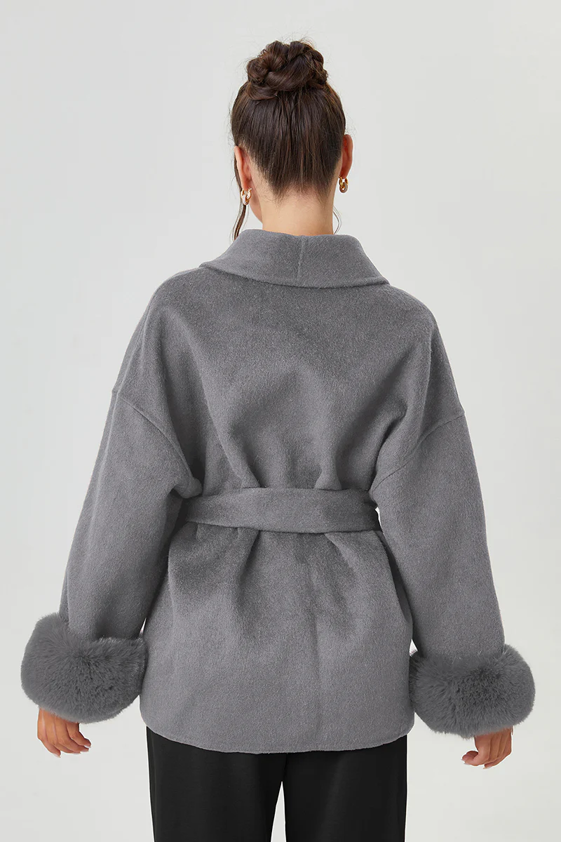 KATCH ME Solid Color Waist Tie Fuzzy Cuff Wrap Coat - Image 10