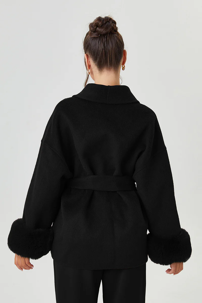 KATCH ME Solid Color Waist Tie Fuzzy Cuff Wrap Coat - Image 11