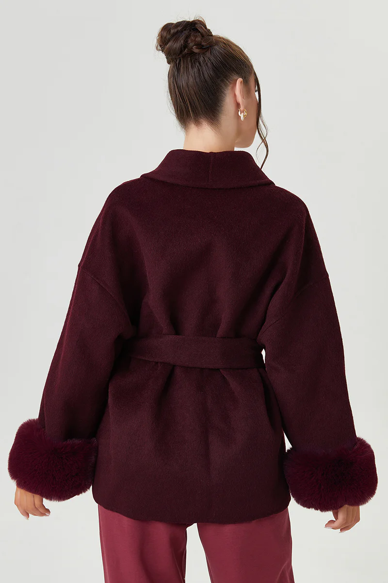 KATCH ME Solid Color Waist Tie Fuzzy Cuff Wrap Coat - Image 2