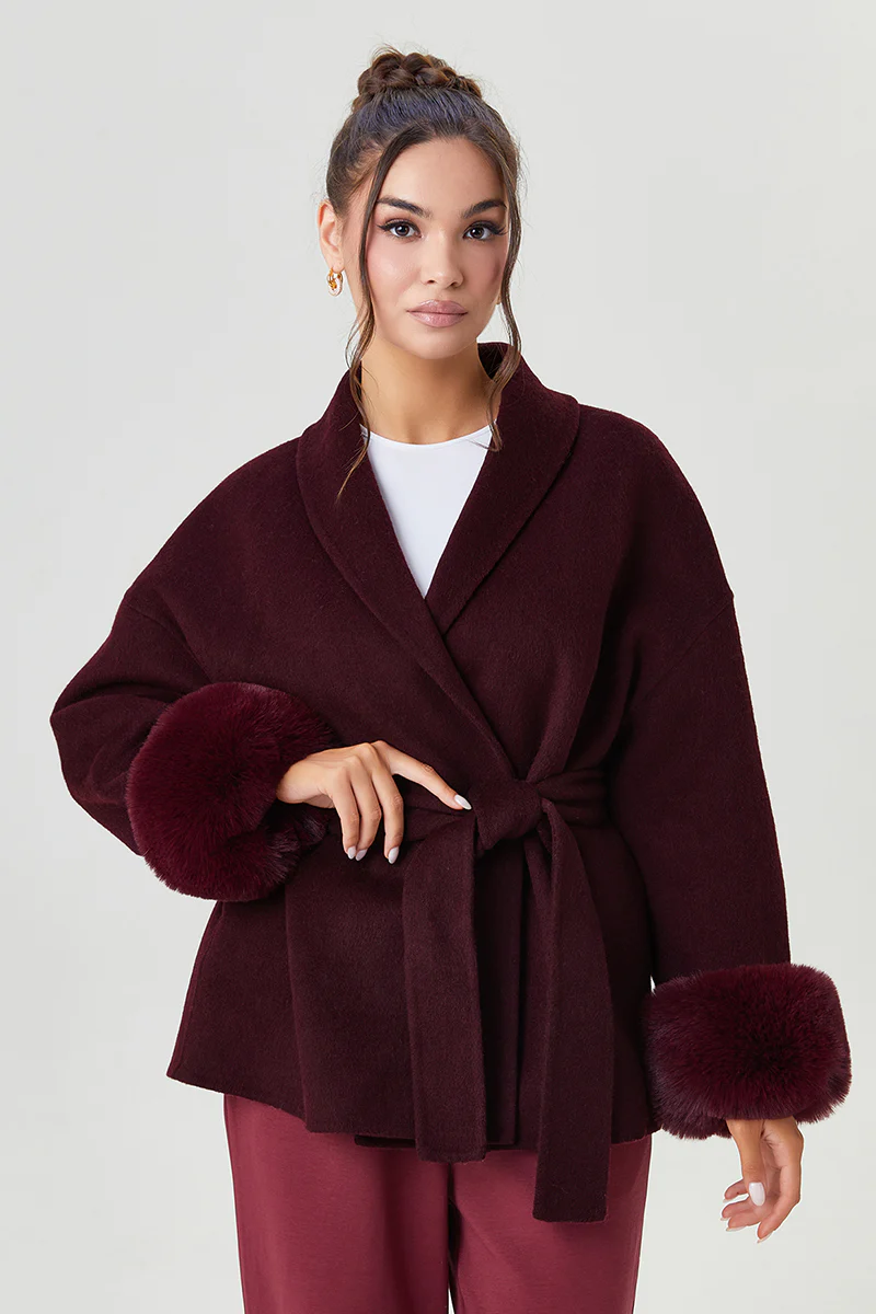 KATCH ME Solid Color Waist Tie Fuzzy Cuff Wrap Coat - Image 3