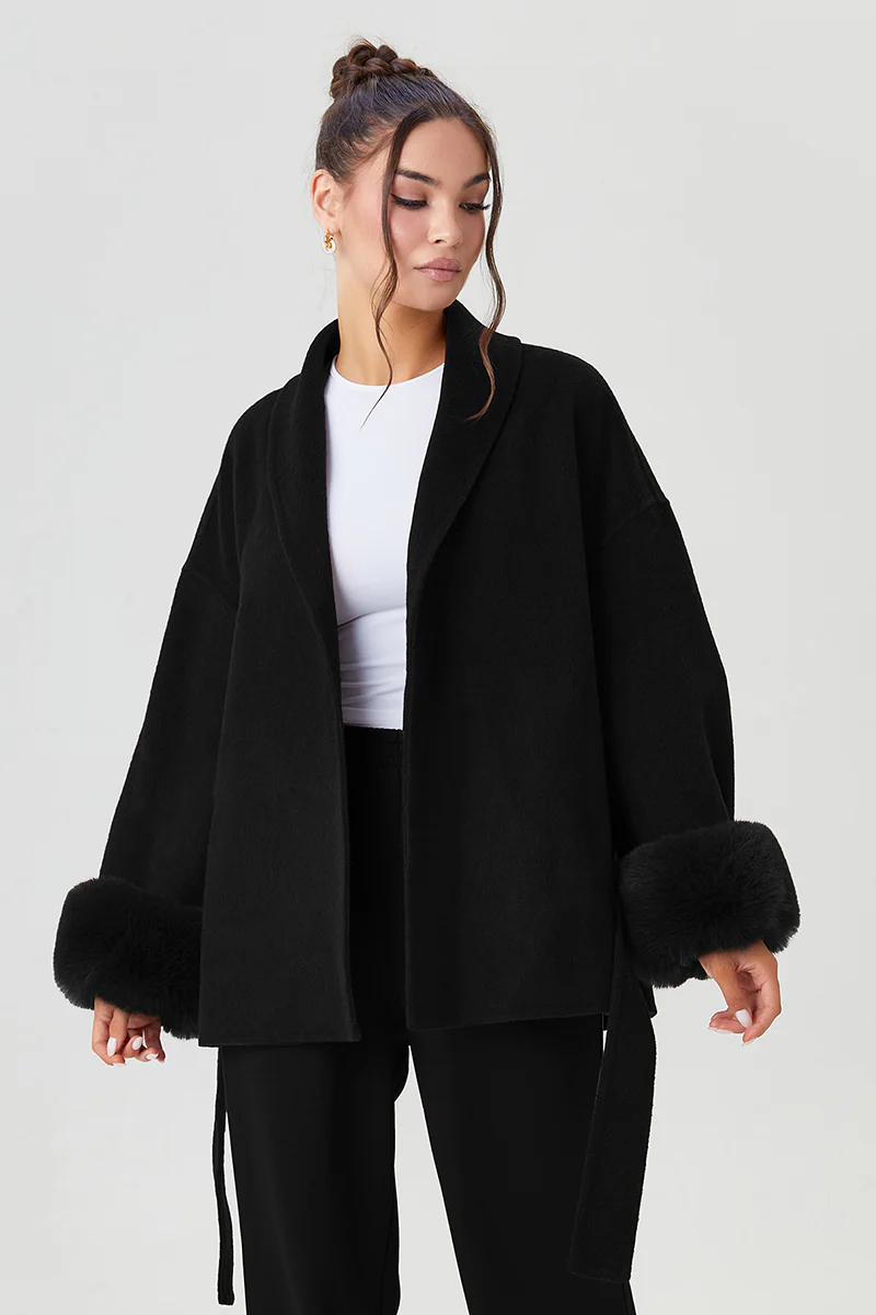 KATCH ME Solid Color Waist Tie Fuzzy Cuff Wrap Coat - Image 4