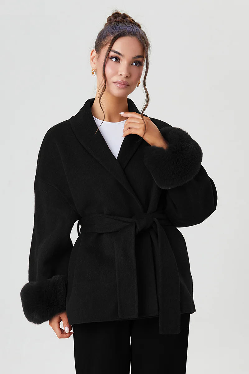 KATCH ME Solid Color Waist Tie Fuzzy Cuff Wrap Coat - Image 5
