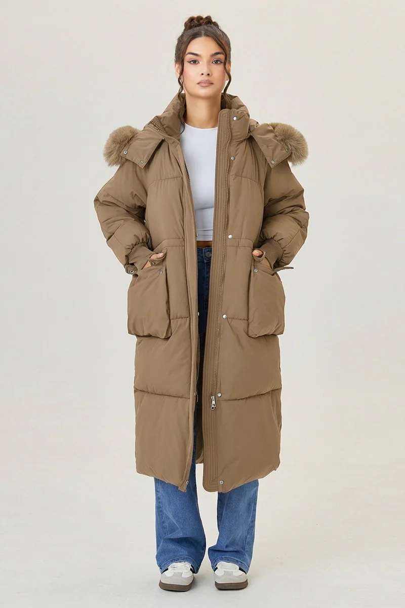 KATCH ME Fluffy Hooded Flap Pocket Zipper Button Thick Coat