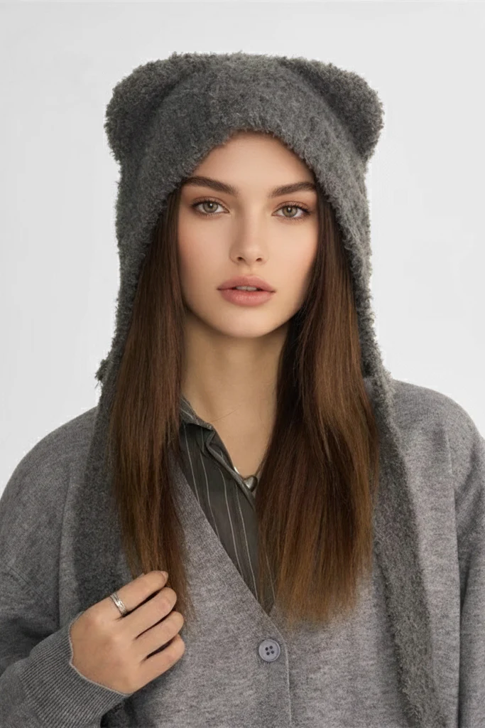 KATCH ME Solid Color Soft Knit Fluffy Bear Ears Beanie