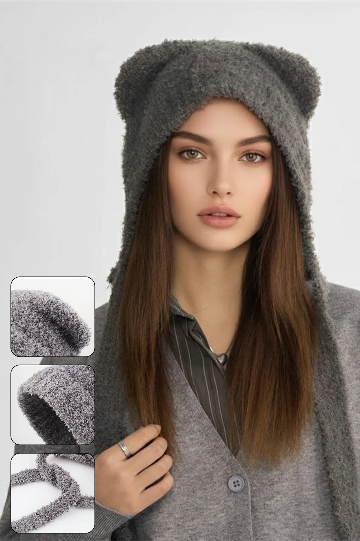 KATCH ME Solid Color Soft Knit Fluffy Bear Ears Beanie - Image 2