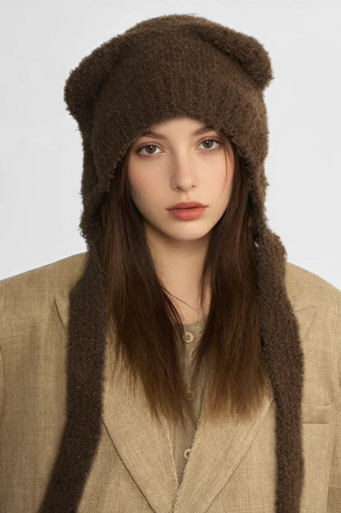 KATCH ME Solid Color Soft Knit Fluffy Bear Ears Beanie - Image 3