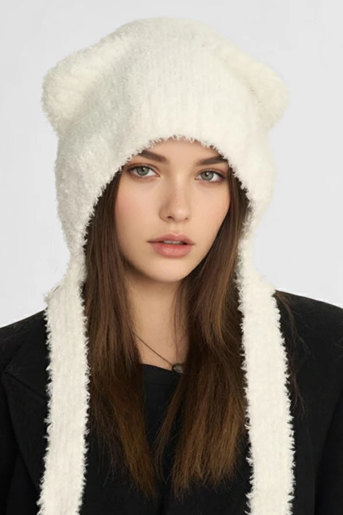 KATCH ME Solid Color Soft Knit Fluffy Bear Ears Beanie - Image 4