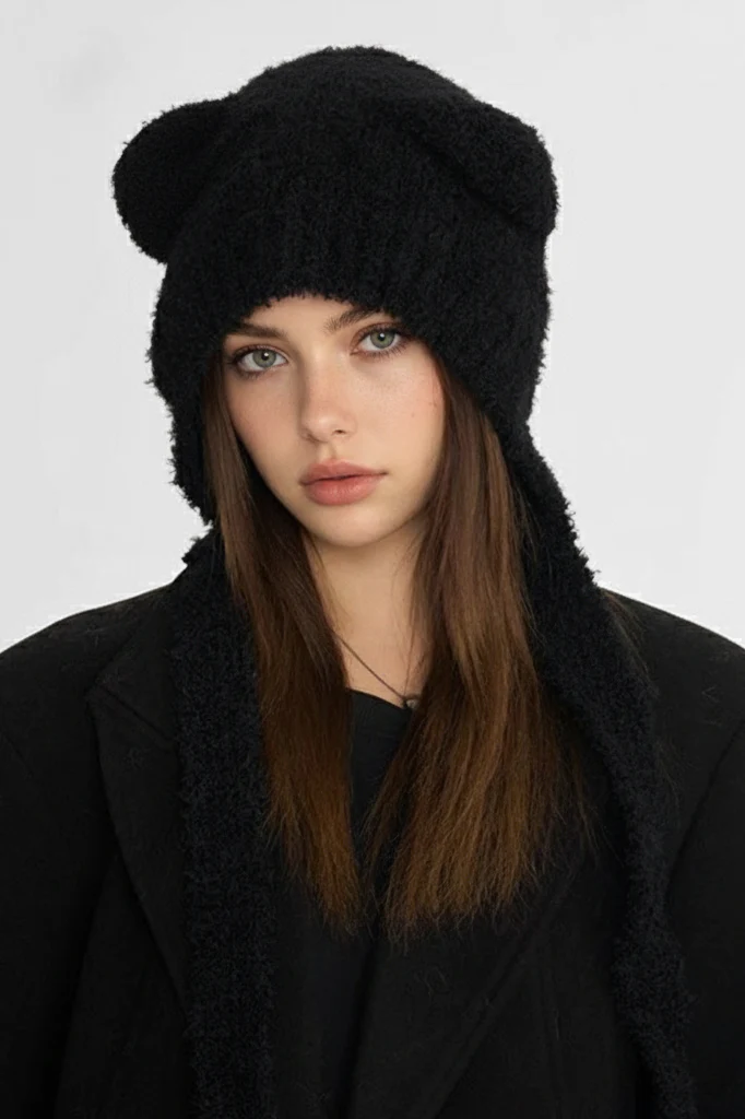 KATCH ME Solid Color Soft Knit Fluffy Bear Ears Beanie - Image 5