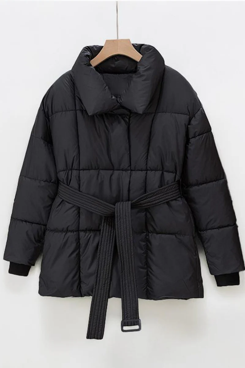KATCH ME Stand Collar Waist Tie Zip-Up Thermal Cotton Coat - Image 5