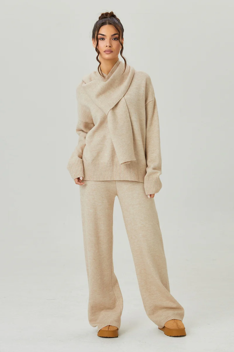KATCH ME V-Neck Sweater with Scarf & Wide Leg Trousers Co-ord Set