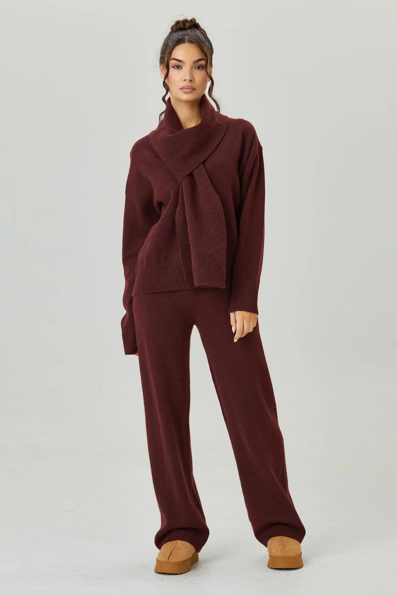 KATCH ME V-Neck Sweater with Scarf & Wide Leg Trousers Co-ord Set - Image 5