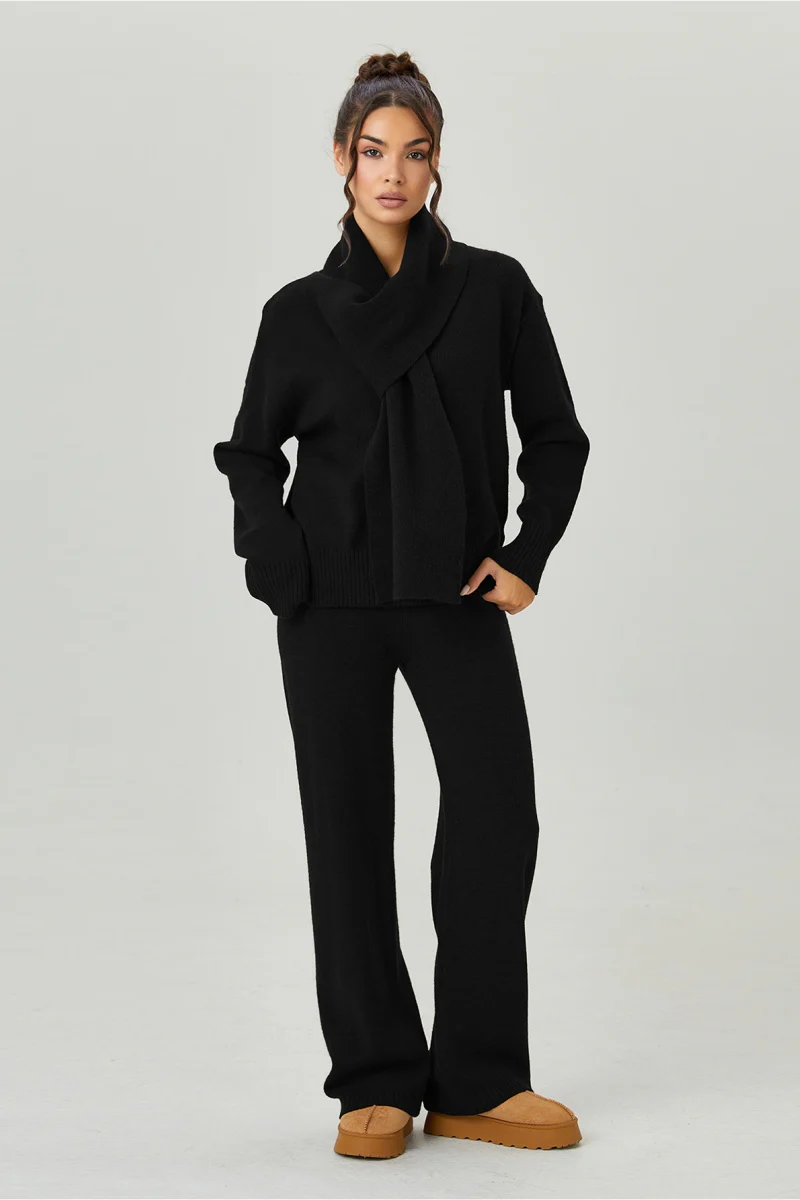 KATCH ME V-Neck Sweater with Scarf & Wide Leg Trousers Co-ord Set - Image 6