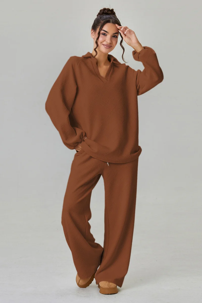 KATCH ME V-Neck Loose Textured Pullover & Drawstring Waist Trousers Co-ord Set - Image 3