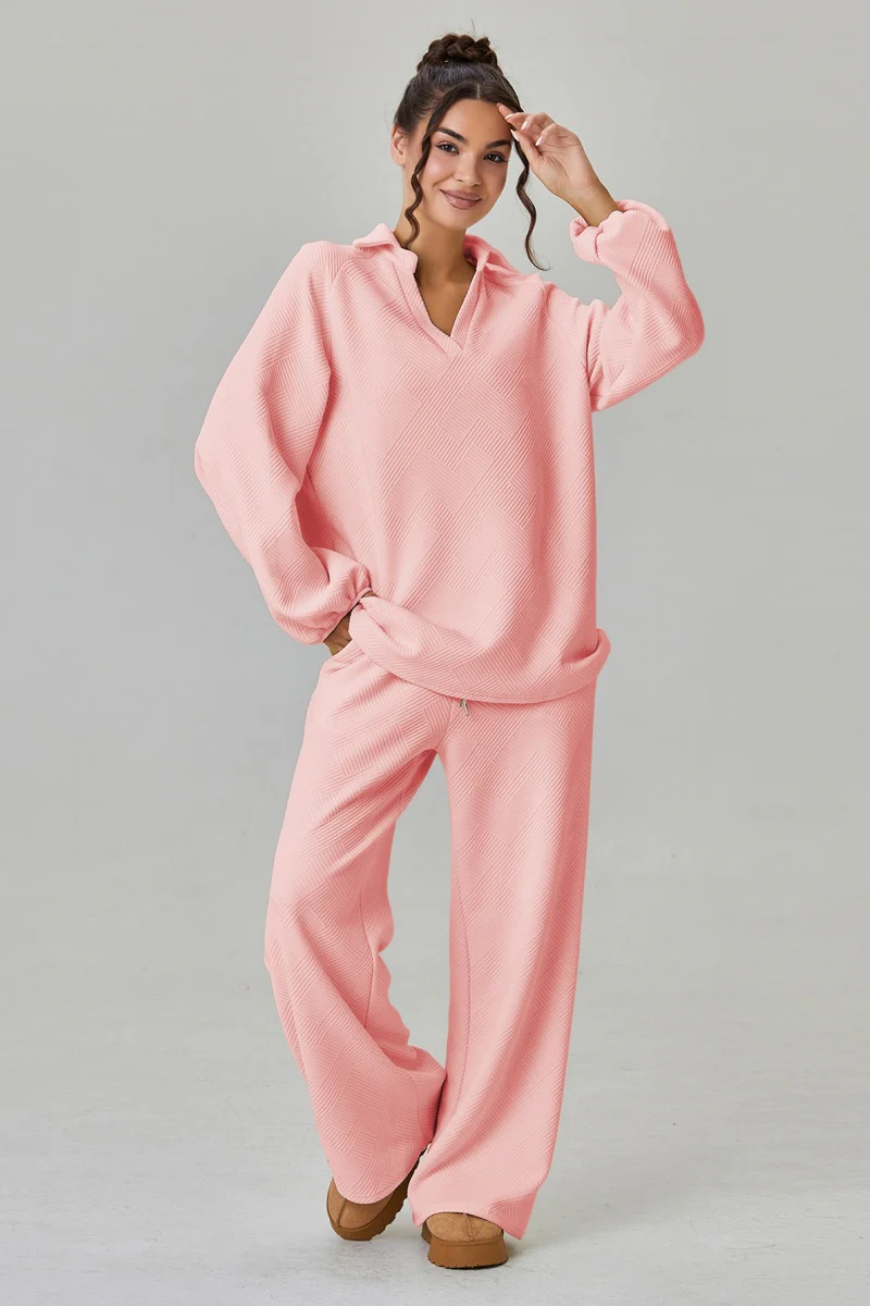 KATCH ME V-Neck Loose Textured Pullover & Drawstring Waist Trousers Co-ord Set - Image 7
