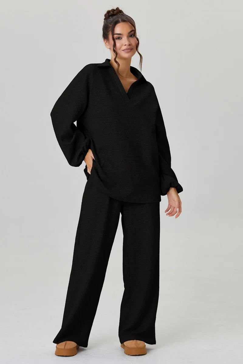 KATCH ME V-Neck Loose Textured Pullover & Drawstring Waist Trousers Co-ord Set - Image 9