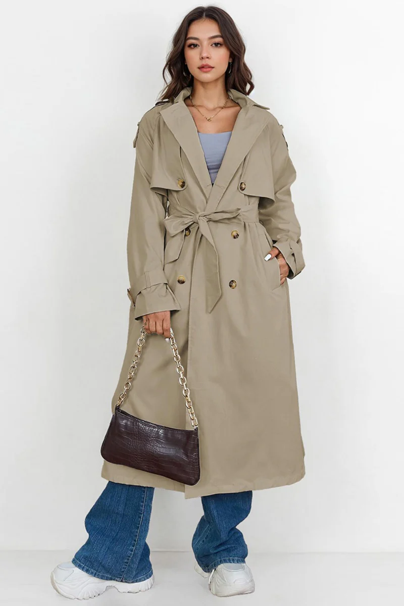 KATCH ME Notch Lapel Double Breasted Belt Decor Trench Coat - Image 7