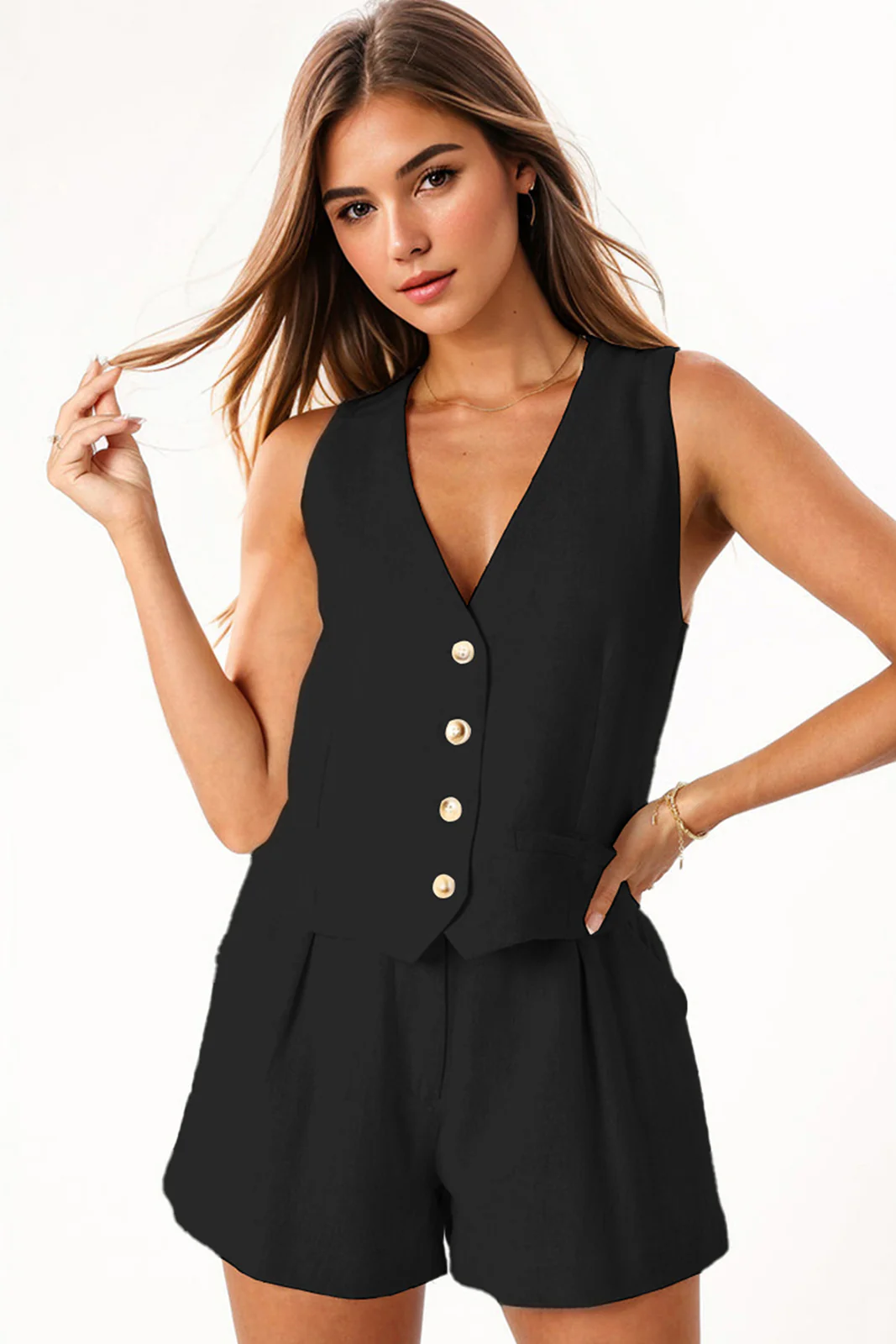 KATCH ME V Neck Sleeveless Button-Up Tank Top & Wide Leg Shorts Co-ord Set - Image 4