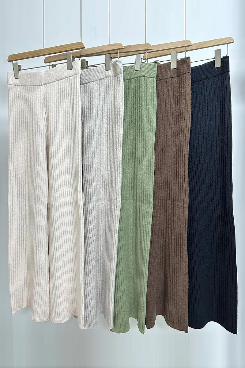 KATCH ME Elastic High Waist Rib Stretch Wide Leg Trousers