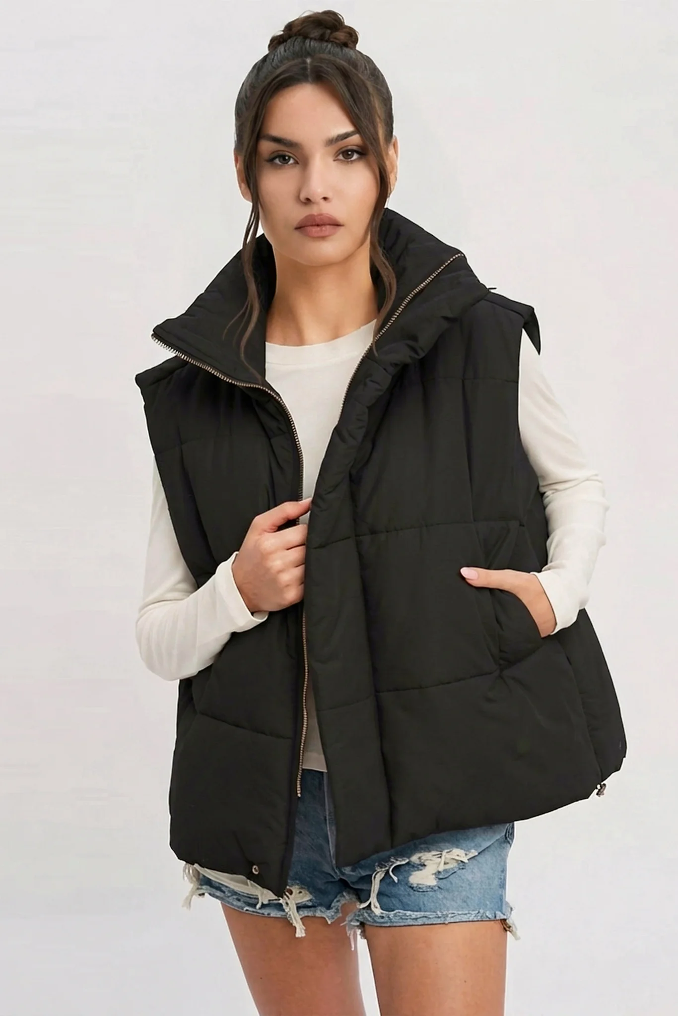 KATCH ME Solid Color Zip-Up Cotton Gilet - Image 10