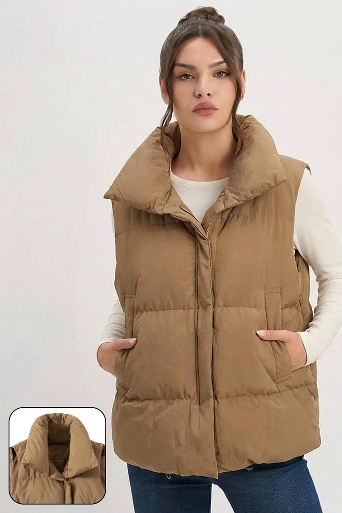 KATCH ME Solid Color Zip-Up Cotton Gilet - Image 2