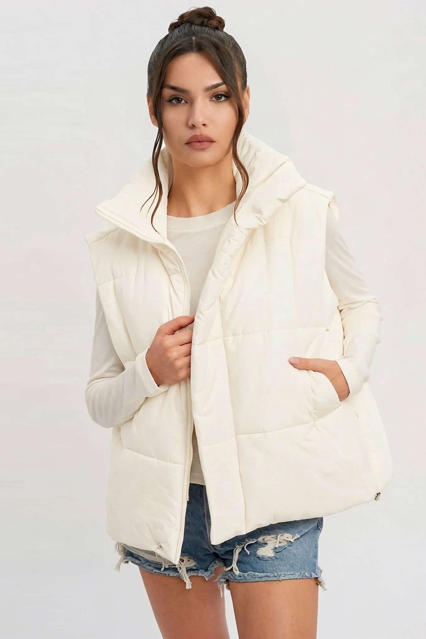 KATCH ME Solid Color Zip-Up Cotton Gilet - Image 5