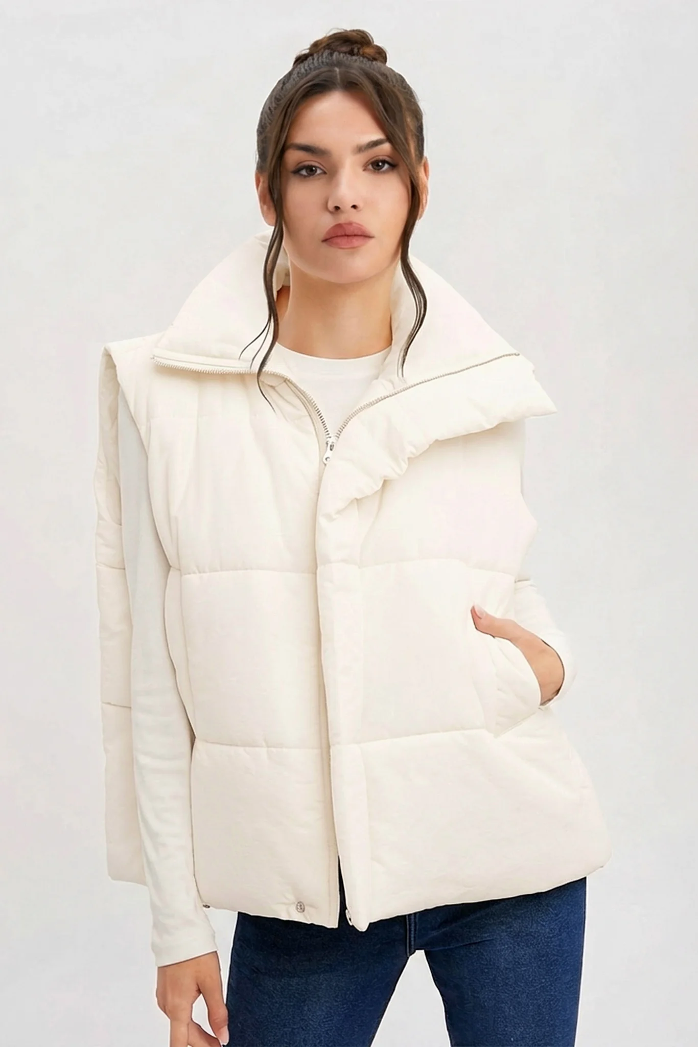 KATCH ME Solid Color Zip-Up Cotton Gilet - Image 6