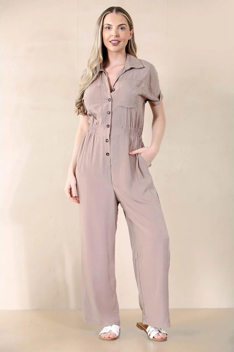 KATCH ME Partial Button Ruched Waist Pocket Short Sleeve Jumpsuit - Image 2