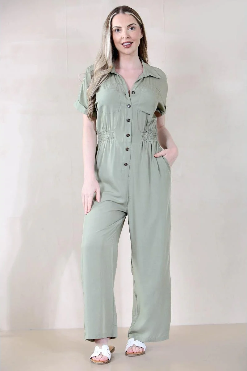 KATCH ME Partial Button Ruched Waist Pocket Short Sleeve Jumpsuit - Image 3