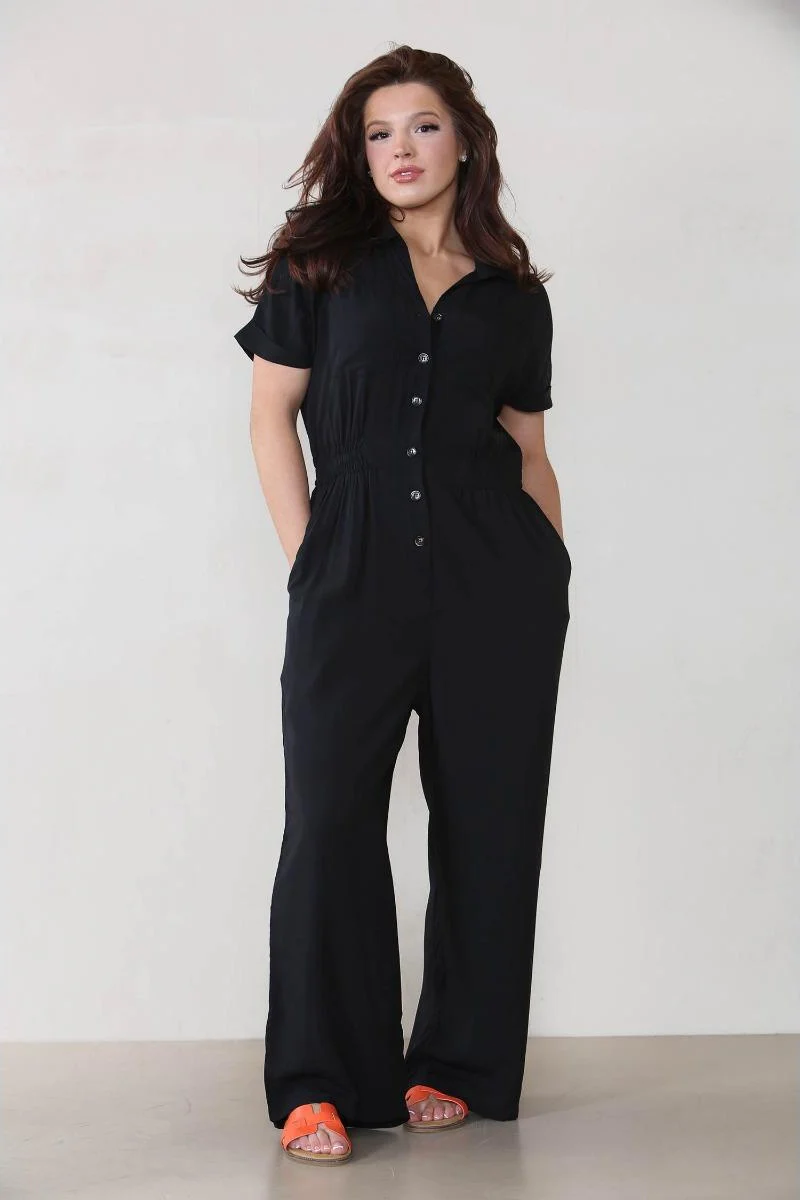KATCH ME Partial Button Ruched Waist Pocket Short Sleeve Jumpsuit - Image 4