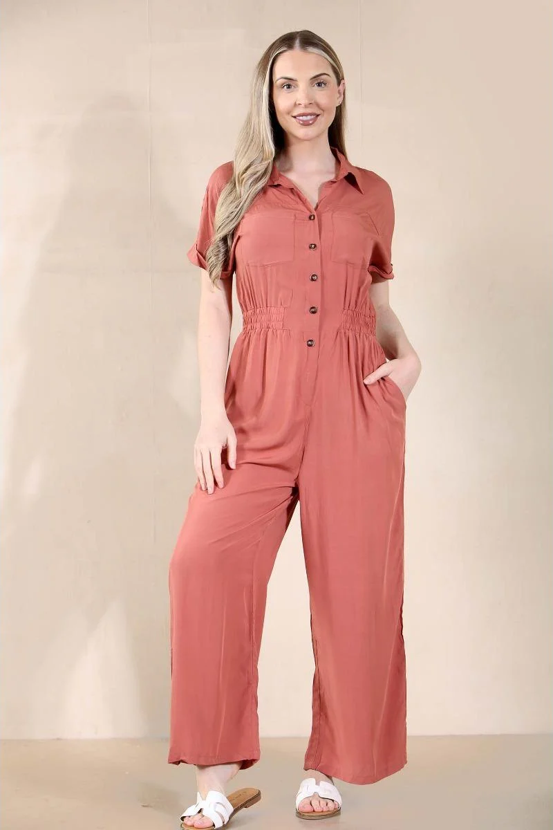 KATCH ME Partial Button Ruched Waist Pocket Short Sleeve Jumpsuit - Image 5