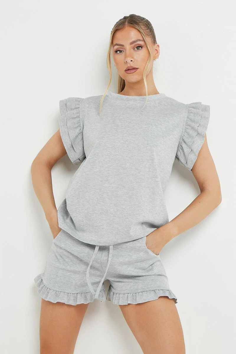 KATCH ME Solid Ruffle Sleeve Top & Pocket Shorts Co-ord Set