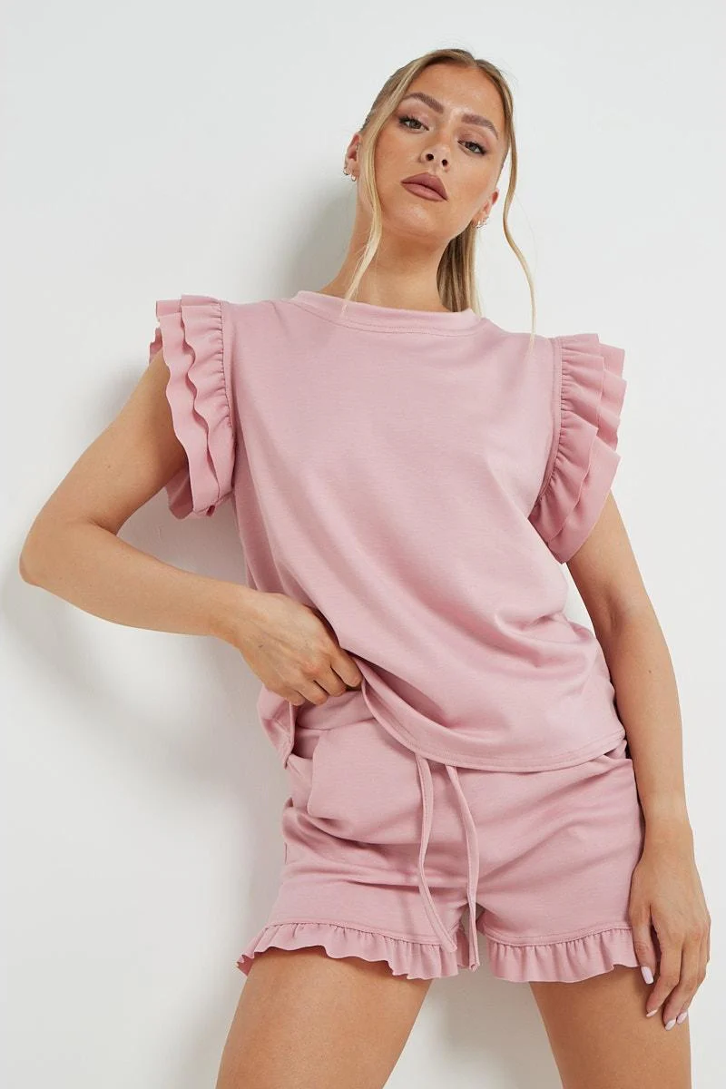 KATCH ME Solid Ruffle Sleeve Top & Pocket Shorts Co-ord Set - Image 8
