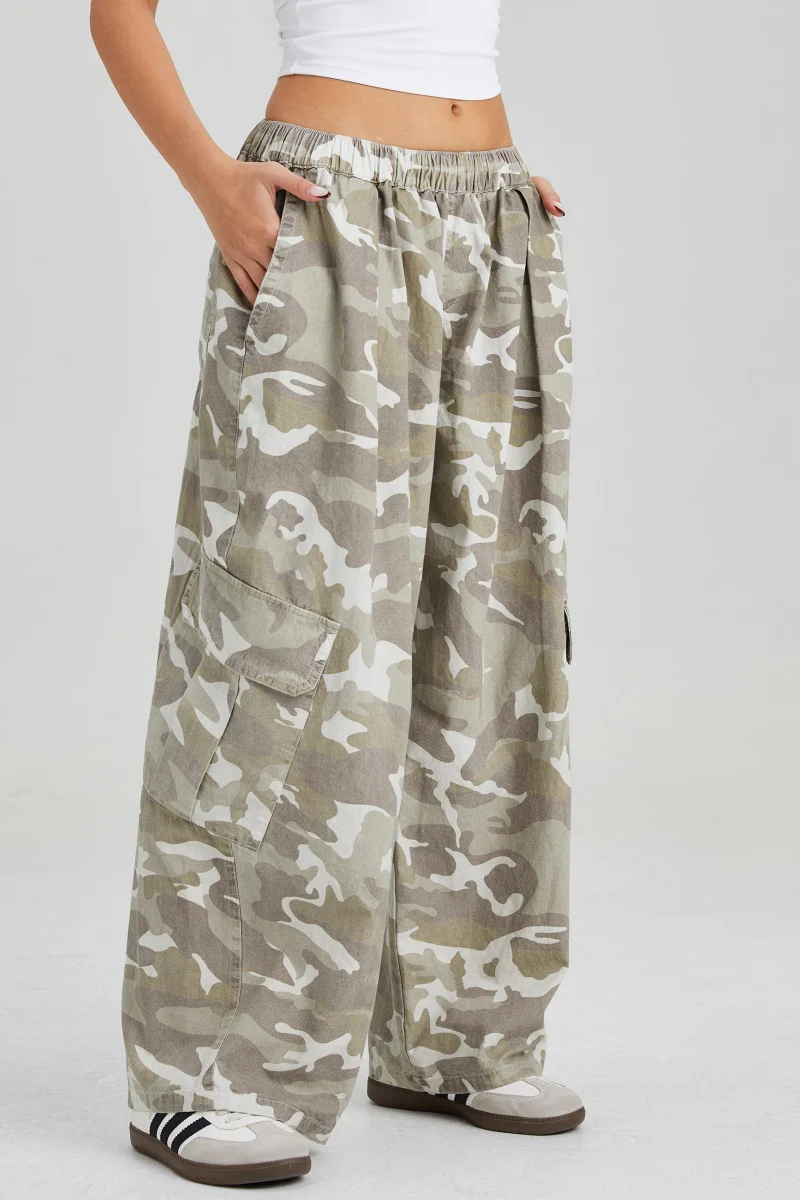 KATCH ME Women's Camouflage Wide Leg Cargo Pants, Elastic Waist Utility Trousers - Image 2